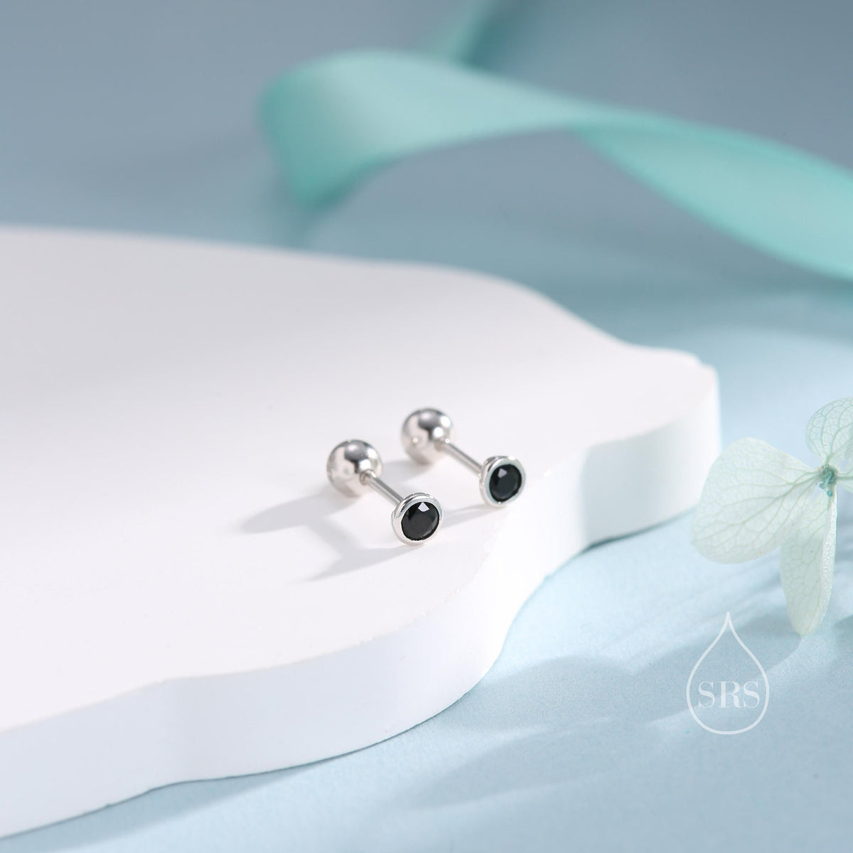 Black CZ Bezel Screw Back / Internally Threaded Flat Back Earrings in Sterling Silver, Silver or Gold or Rose Gold, CZ Barbell Earrings