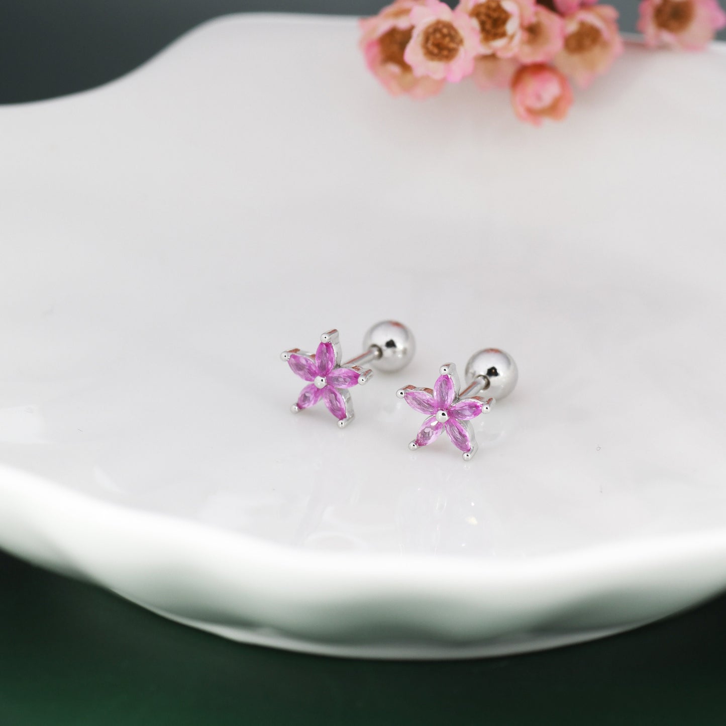 Sterling Silver Pink CZ Flower Barbell Earrings,  Marquise CZ Screw Back Earrings, Stacking Earrings