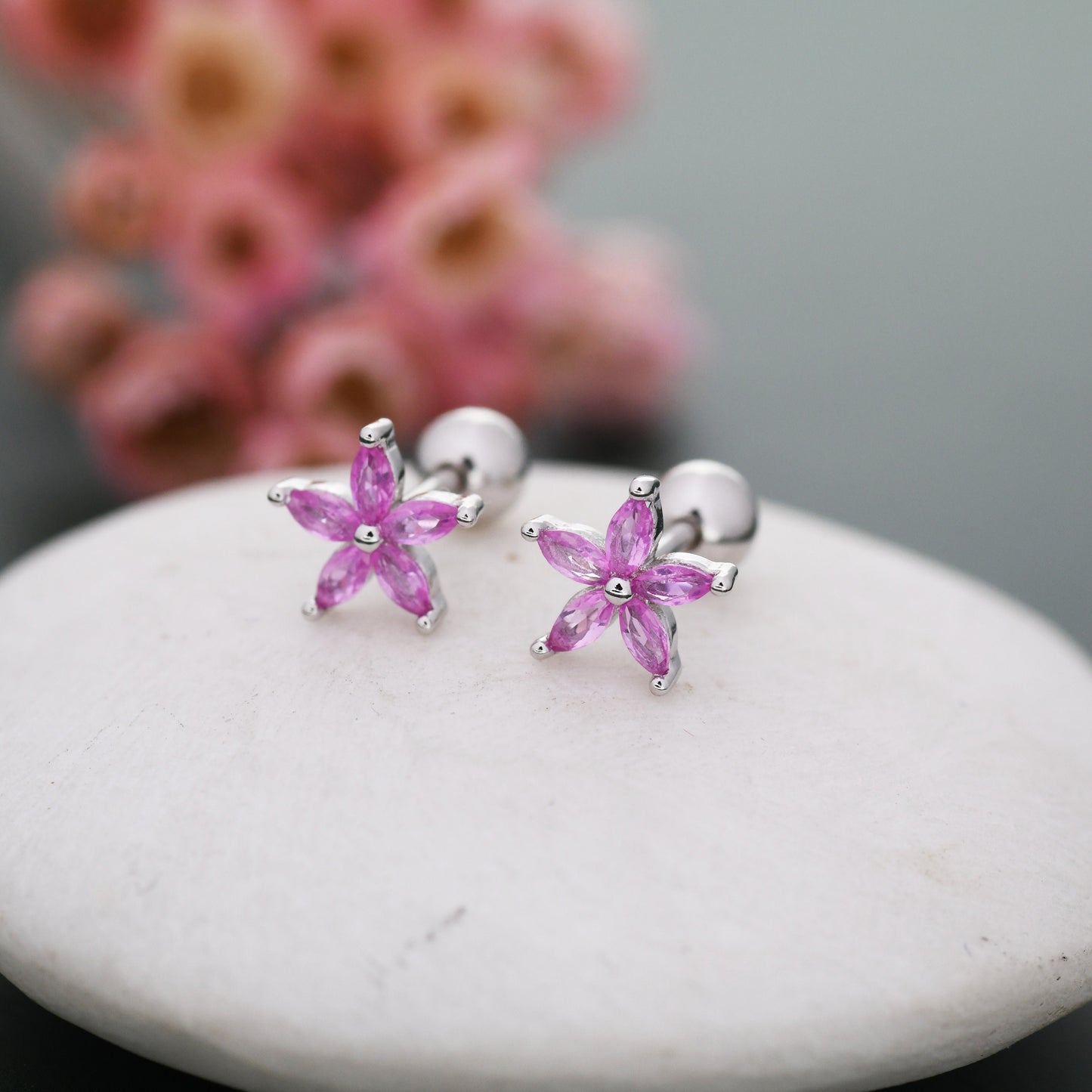 Sterling Silver Pink CZ Flower Barbell Earrings,  Marquise CZ Screw Back Earrings, Stacking Earrings