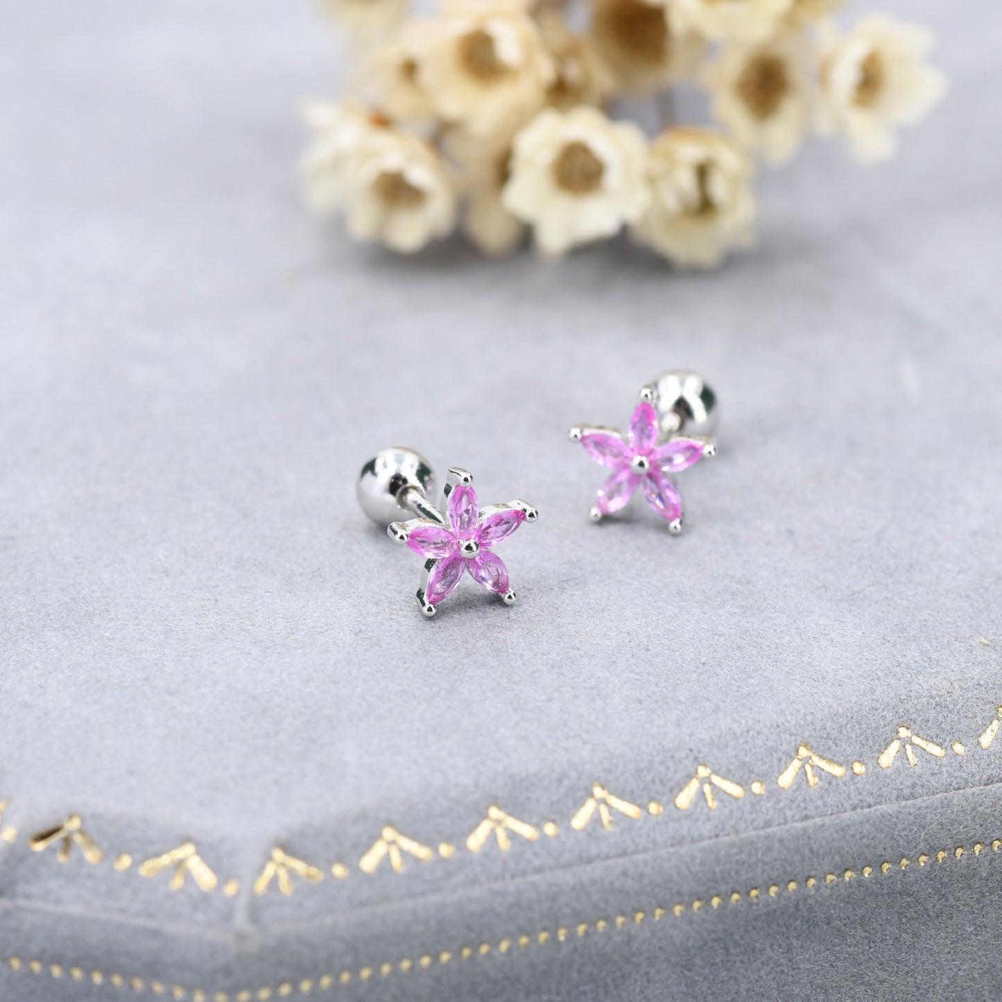 Sterling Silver Pink CZ Flower Barbell Earrings,  Marquise CZ Screw Back Earrings, Stacking Earrings