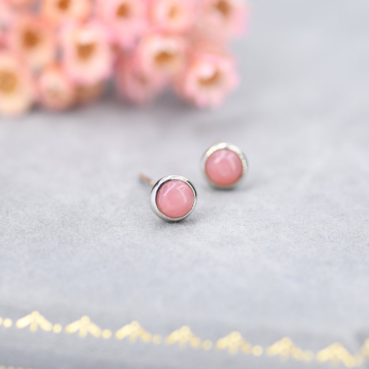 4mm Bezel Pink Opal Stud Earrings