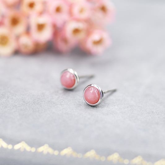 Sterling Silver Genuine Pink Opal Tiny Stud Earrings, Genuine Pink Opal Stud, Natural Semi-Precious Gemstones, 4mm Bezel Earrings