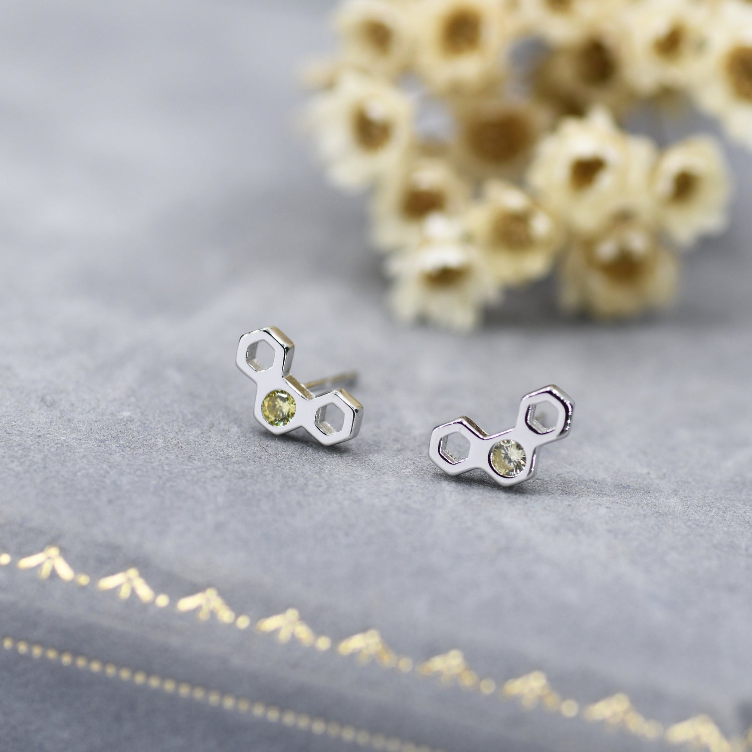 Tiny Honeycomb Stud Earrings in Sterling Silver, Silver or Gold,  Nature Inspired