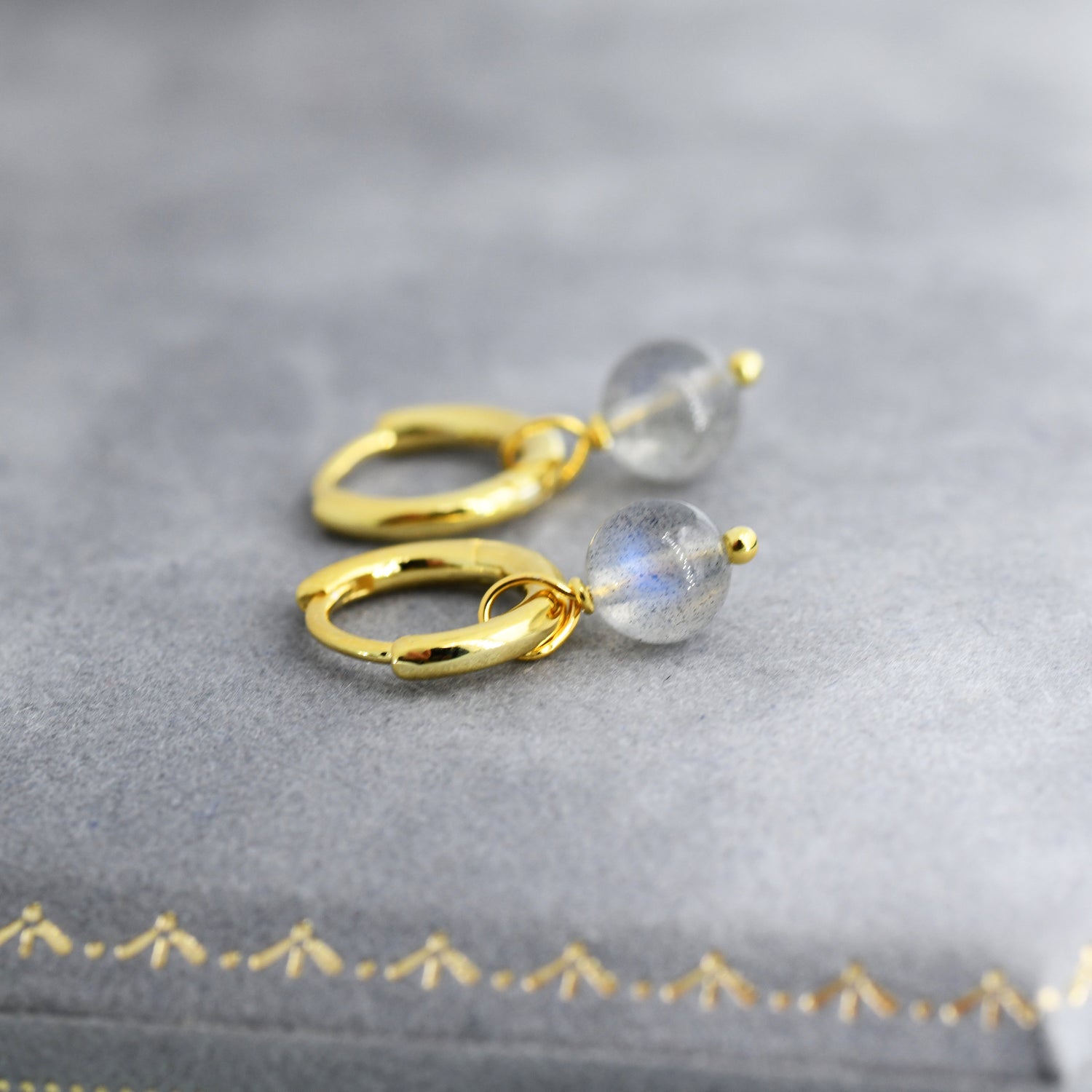 Genuine Labradorite Stone Beaded Huggie Hoop Earrings in Sterling Silver, 6mm Labradorite Hoops, Detachable Charms