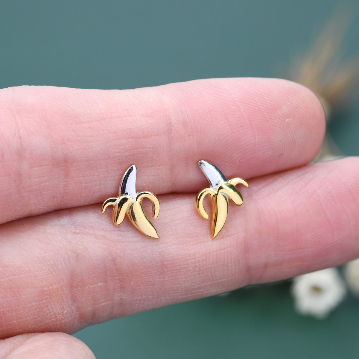 Tiny Banana Stud Earrings in Sterling Silver with Partial Gold Plate, Cute and Quirky Food Jewellery, Fruit Earrings, Banana Earrings