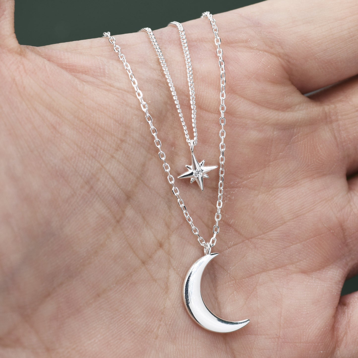 Two Layer Crescent Moon and Star Pendant Necklace in Sterling Silver - Double Layer New Moon and Starburst Necklace