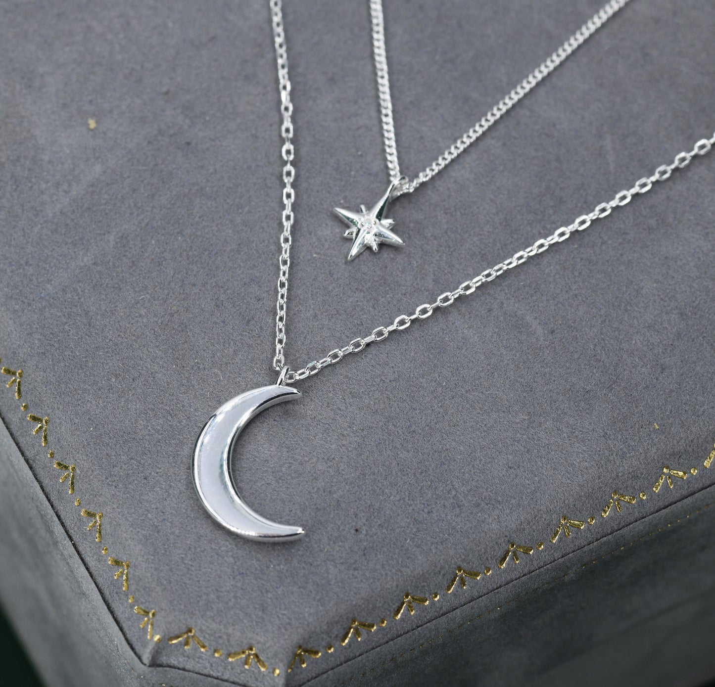 Two Layer Crescent Moon and Star Pendant Necklace in Sterling Silver - Double Layer New Moon and Starburst Necklace