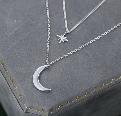 Two Layer Crescent Moon and Star Pendant Necklace in Sterling Silver - Double Layer New Moon and Starburst Necklace