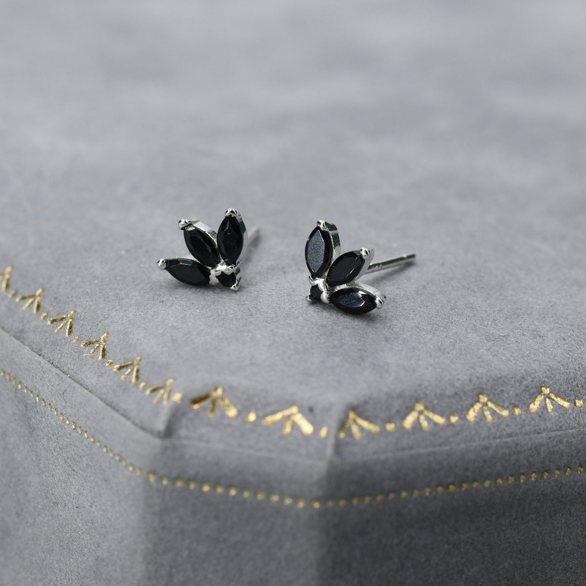 Tiny Black CZ Marquise Cluster Stud Earrings in Sterling Silver, Marquise Fan Stud, CZ Crown Stud, Three Marquise Stud