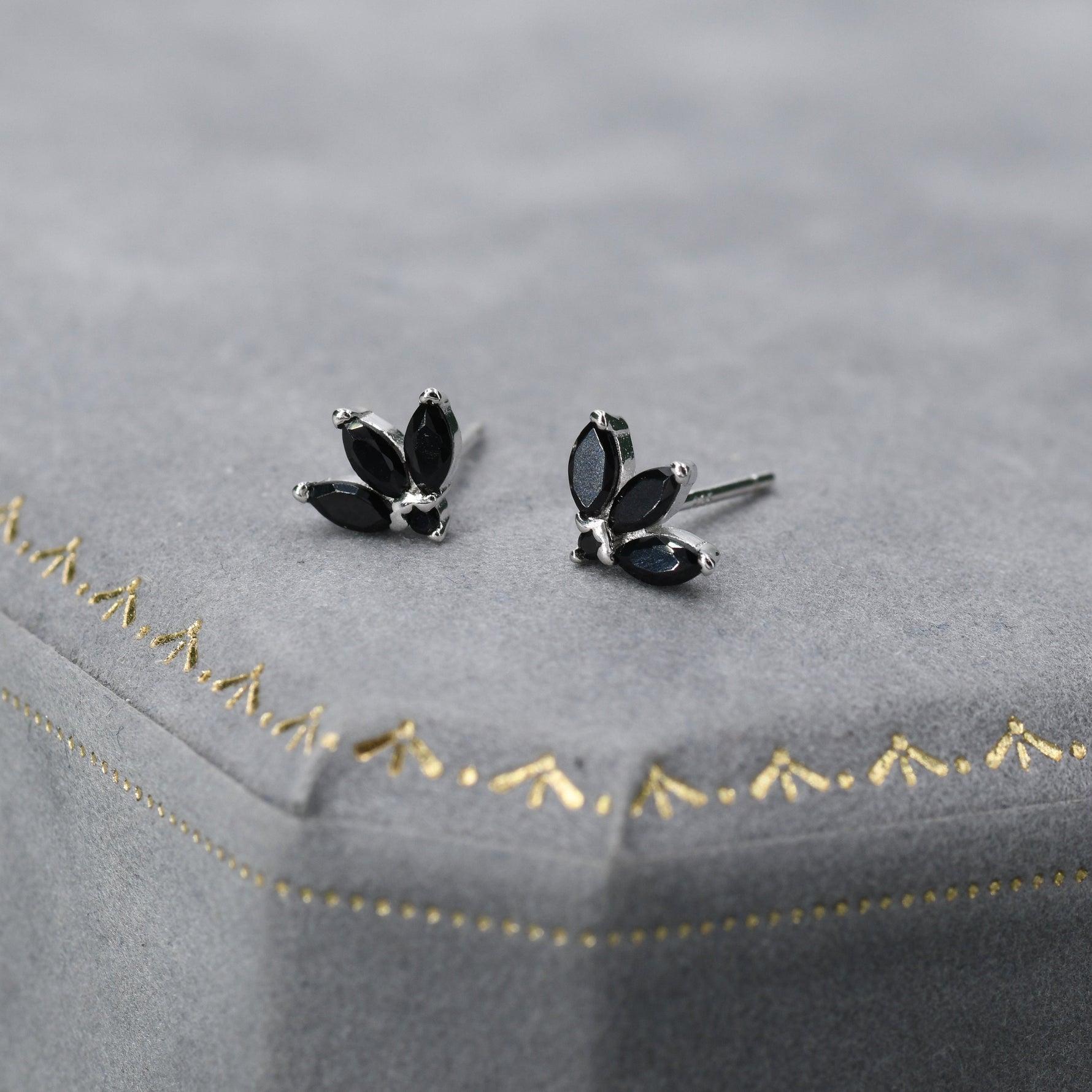 Tiny Black CZ Marquise Cluster Stud Earrings in Sterling Silver, Marquise Fan Stud, CZ Crown Stud, Three Marquise Stud