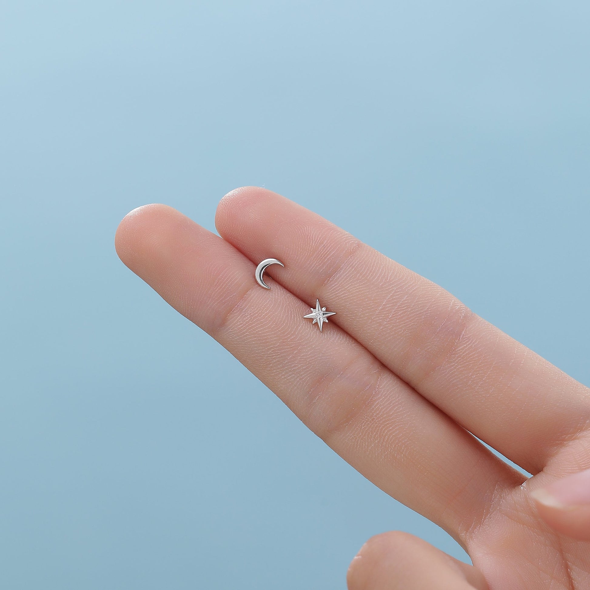 Mismatched Moon and Starburst Internally Threaded Flat Back/Screw back/Stud Earrings in Sterling Silver, Asymmetric Star and Moon Earrings