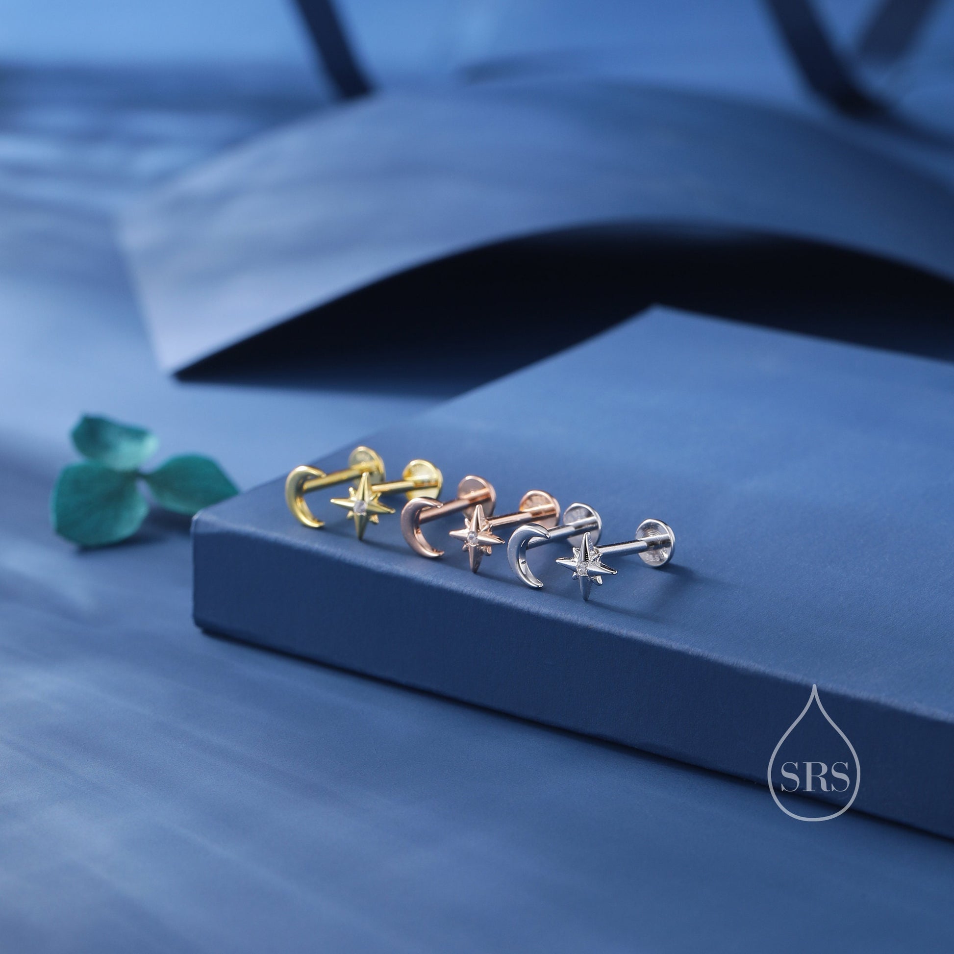 Mismatched Moon and Starburst Internally Threaded Flat Back/Screw back/Stud Earrings in Sterling Silver, Asymmetric Star and Moon Earrings