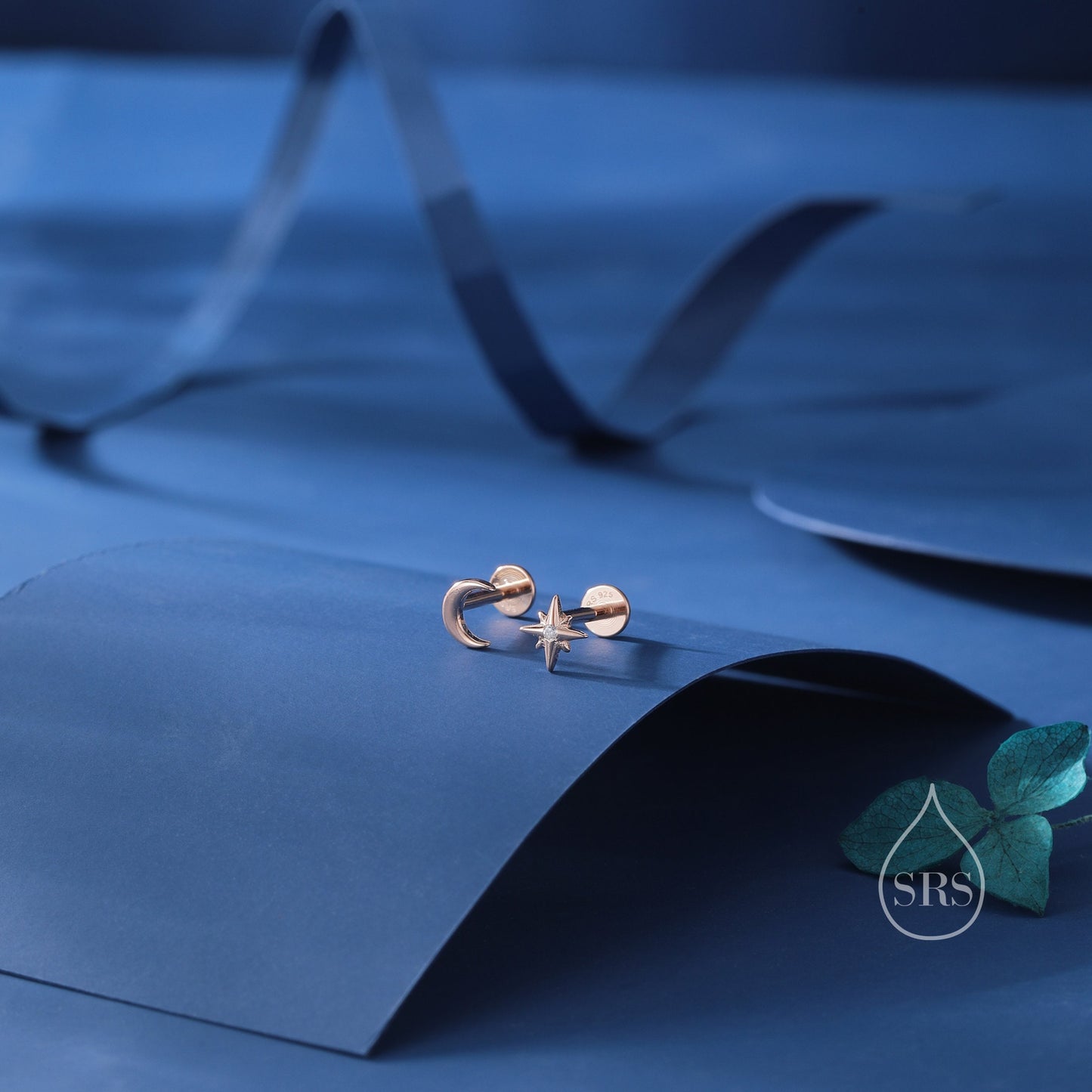 Mismatched Moon and Starburst Internally Threaded Flat Back/Screw back/Stud Earrings in Sterling Silver, Asymmetric Star and Moon Earrings