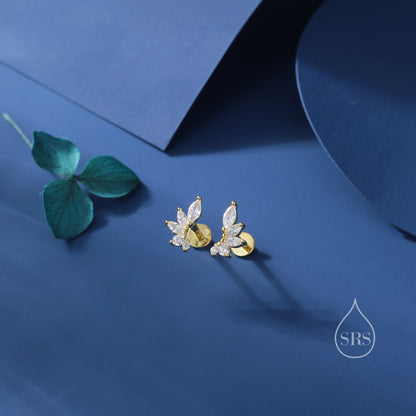 Mini Marquise CZ Earrings, Internally Threaded Flat Back Earrings in Sterling Silver, Marquise Earrings, Screw Back Earrings