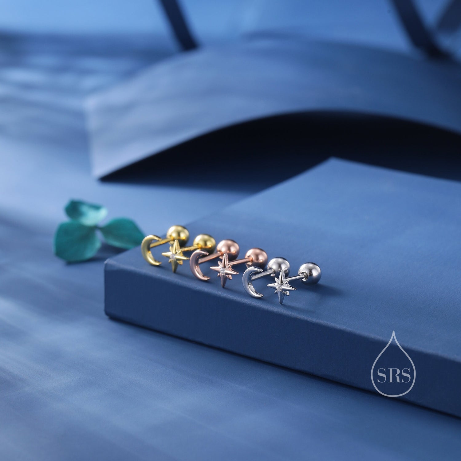 Asymmetric Moon and Starburst 18G Screw Back Earrings in Sterling Silver