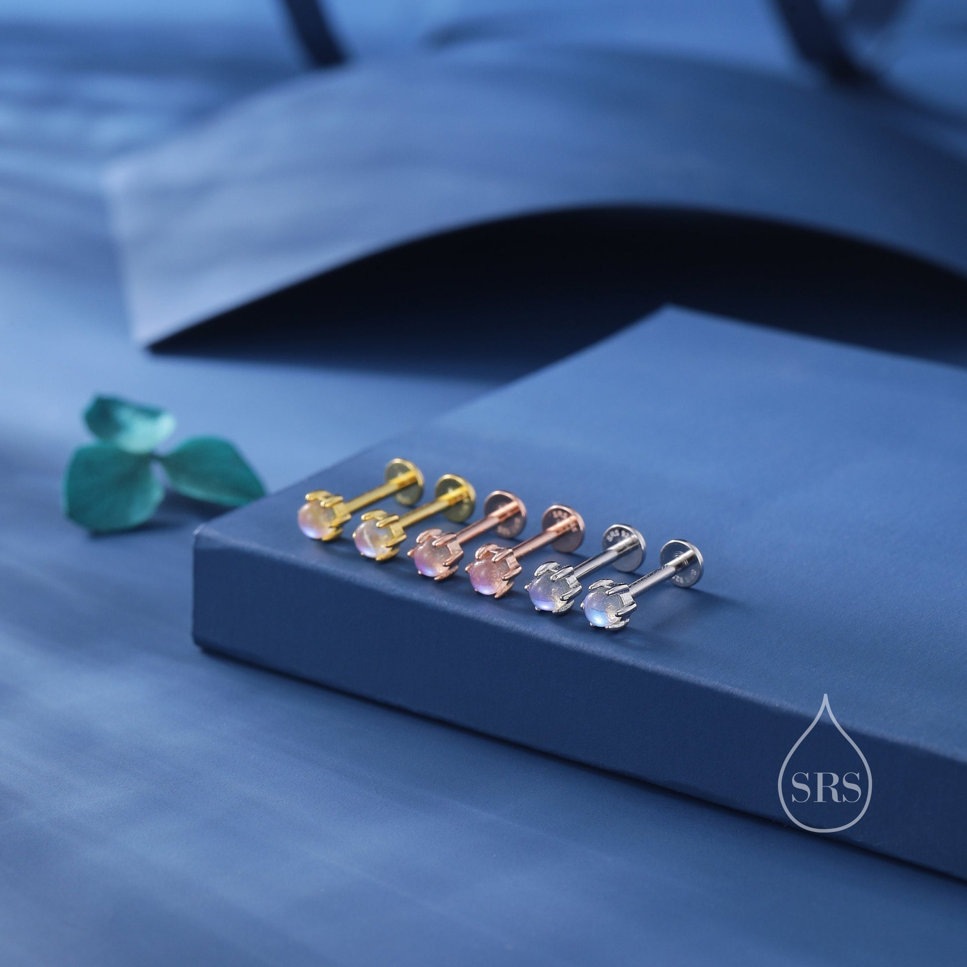 Very Tiny Moonstone Internally Threaded Flat Back/Screw back(Barbell)/ Stud Earrings in Sterling Silver, Lab Moonstone Earrings, Piercing