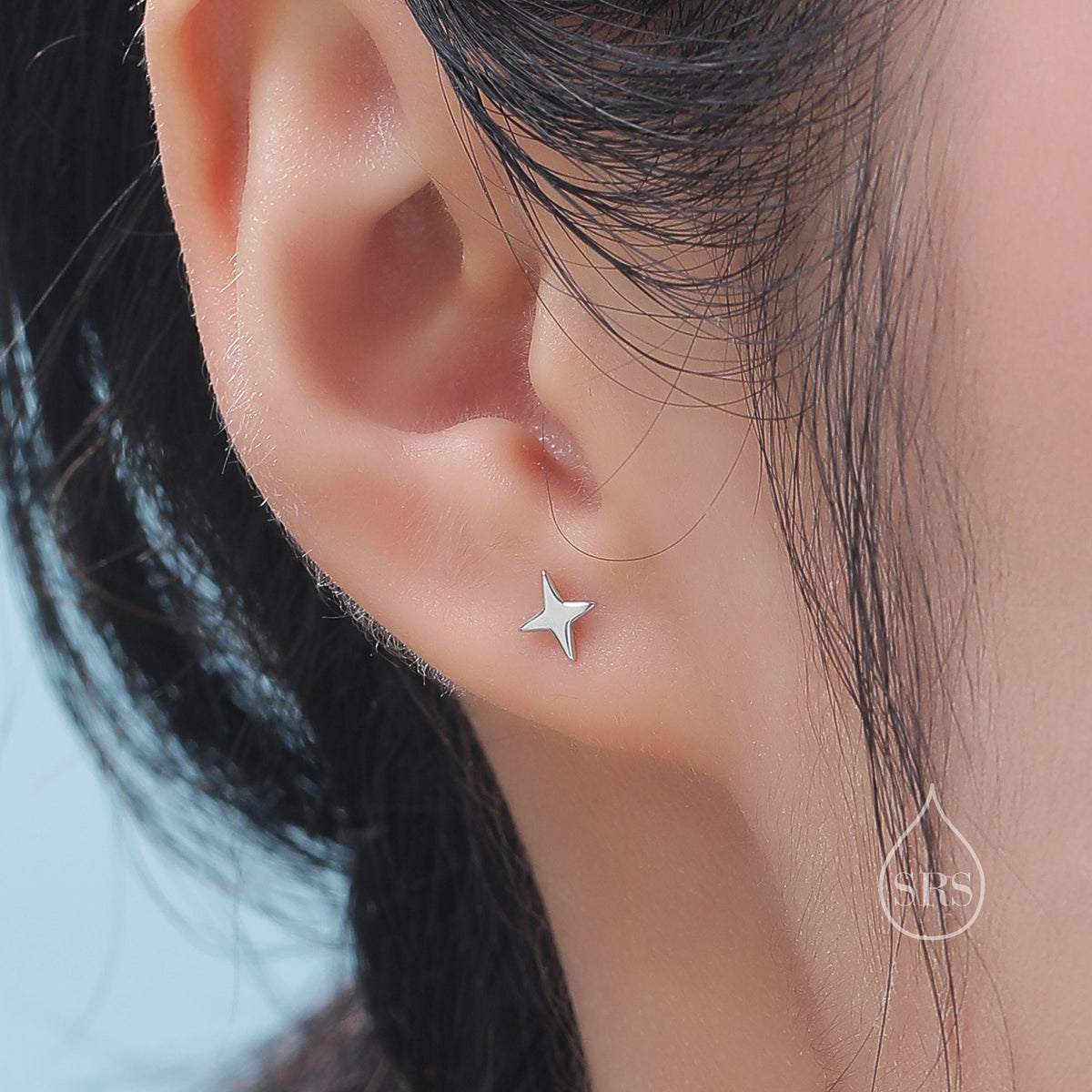 Four Point Star 16G Internally Threaded Flat Back Earrings in Sterling Silver