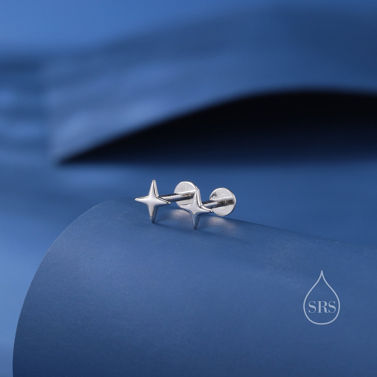 Four Point Star 16G Internally Threaded Flat Back Earrings in Sterling Silver