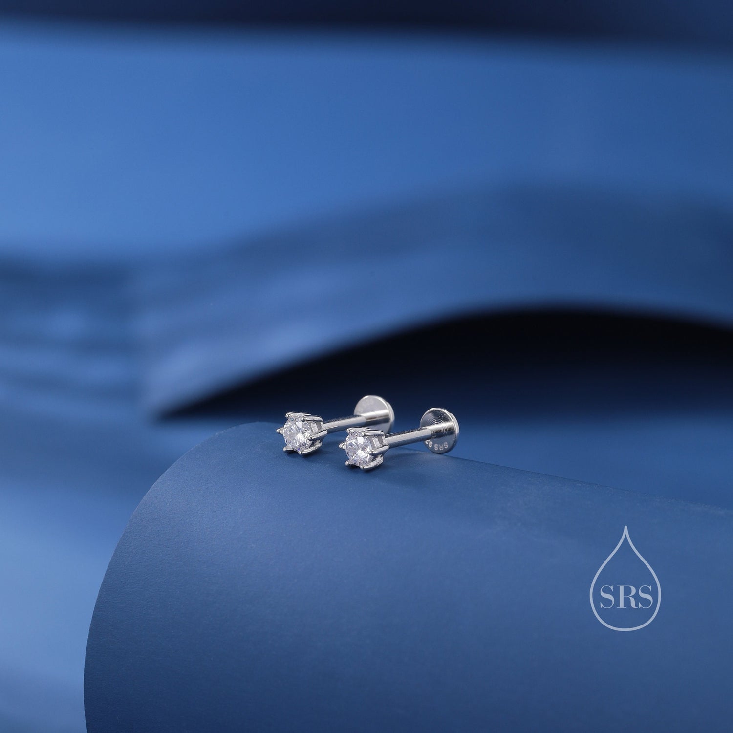 Brilliant Cut 4mm Six Prong CZ 16G Internally Threaded Flat Back Earrings in Sterling Silver