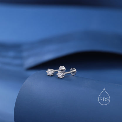 Brilliant Cut 3mm CZ Internally Threaded Flat Back/Screw Back/Stud Earrings in Sterling Silver, Silver, Gold or Rose Gold, Six Prong