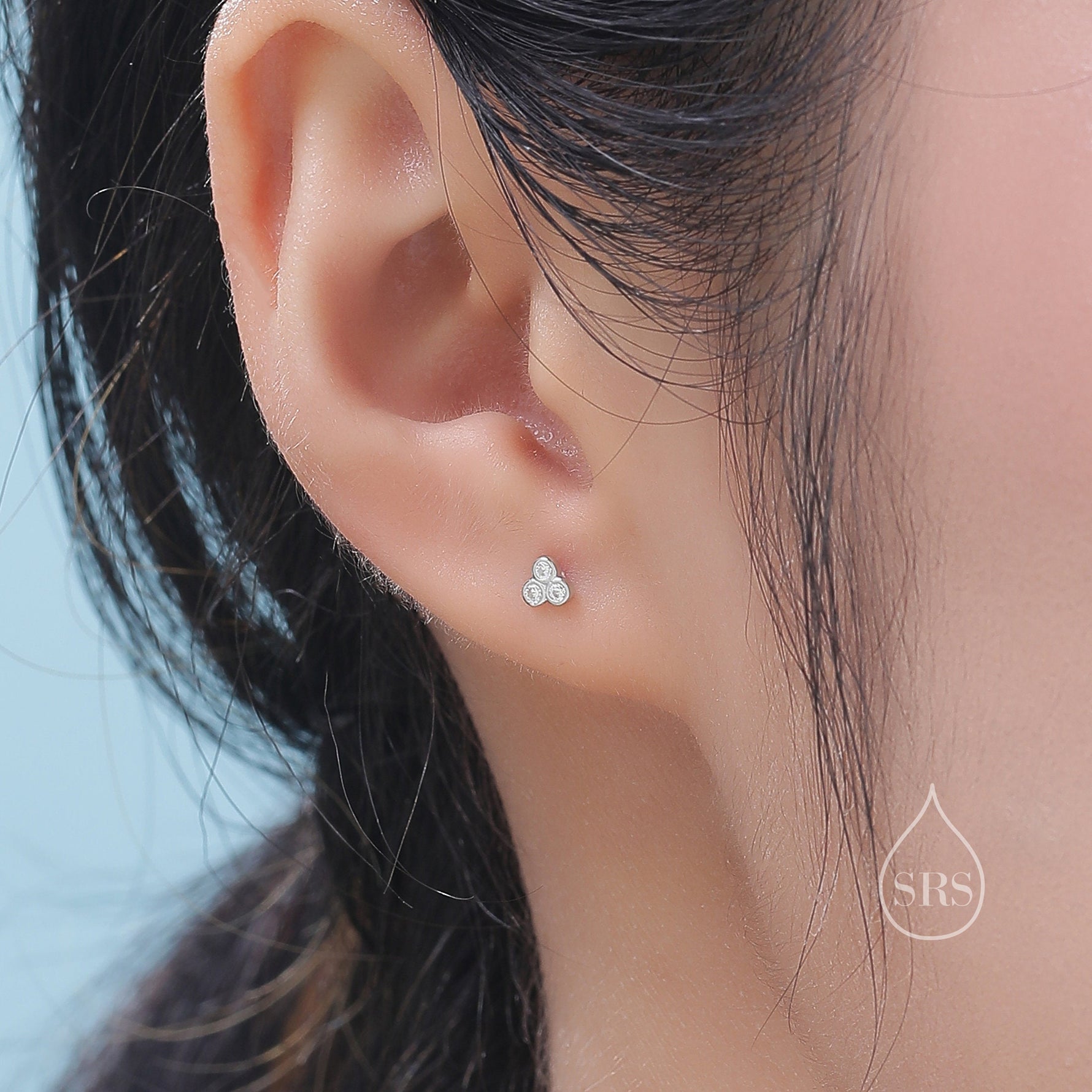 Very Tiny Three CZ 16G Internally Threaded Flat Back Earrings in Sterling Silver