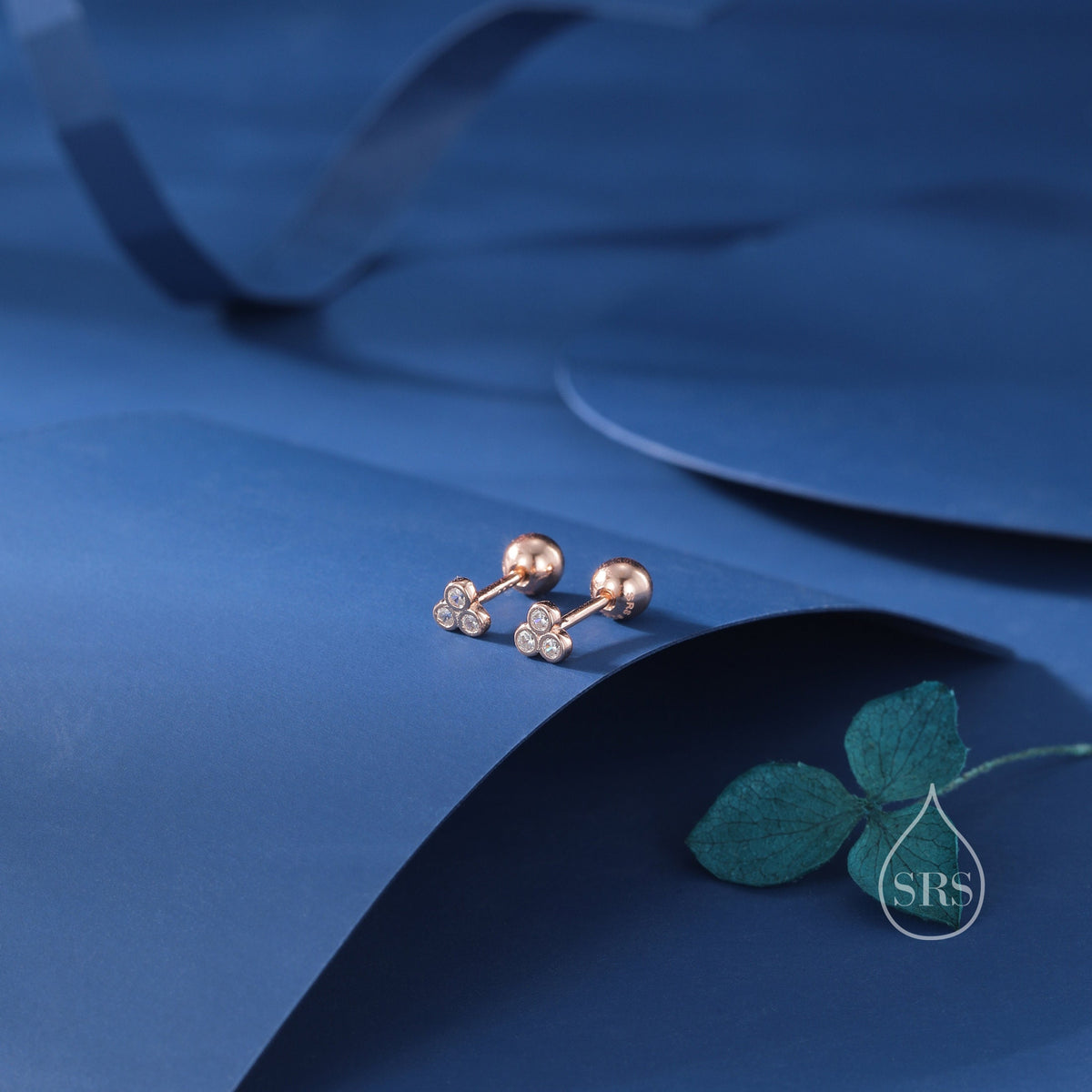 Extra Tiny Three CZ Internally Flat Back /Stud Earrings / Screw Back Earrings in Sterling Silver, Silver or Gold or Rose Gold, CZ Trio Stud