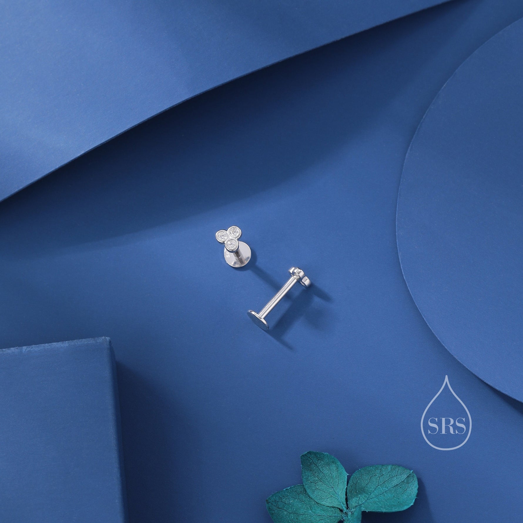Very Tiny Three CZ 16G Internally Threaded Flat Back Earrings in Sterling Silver