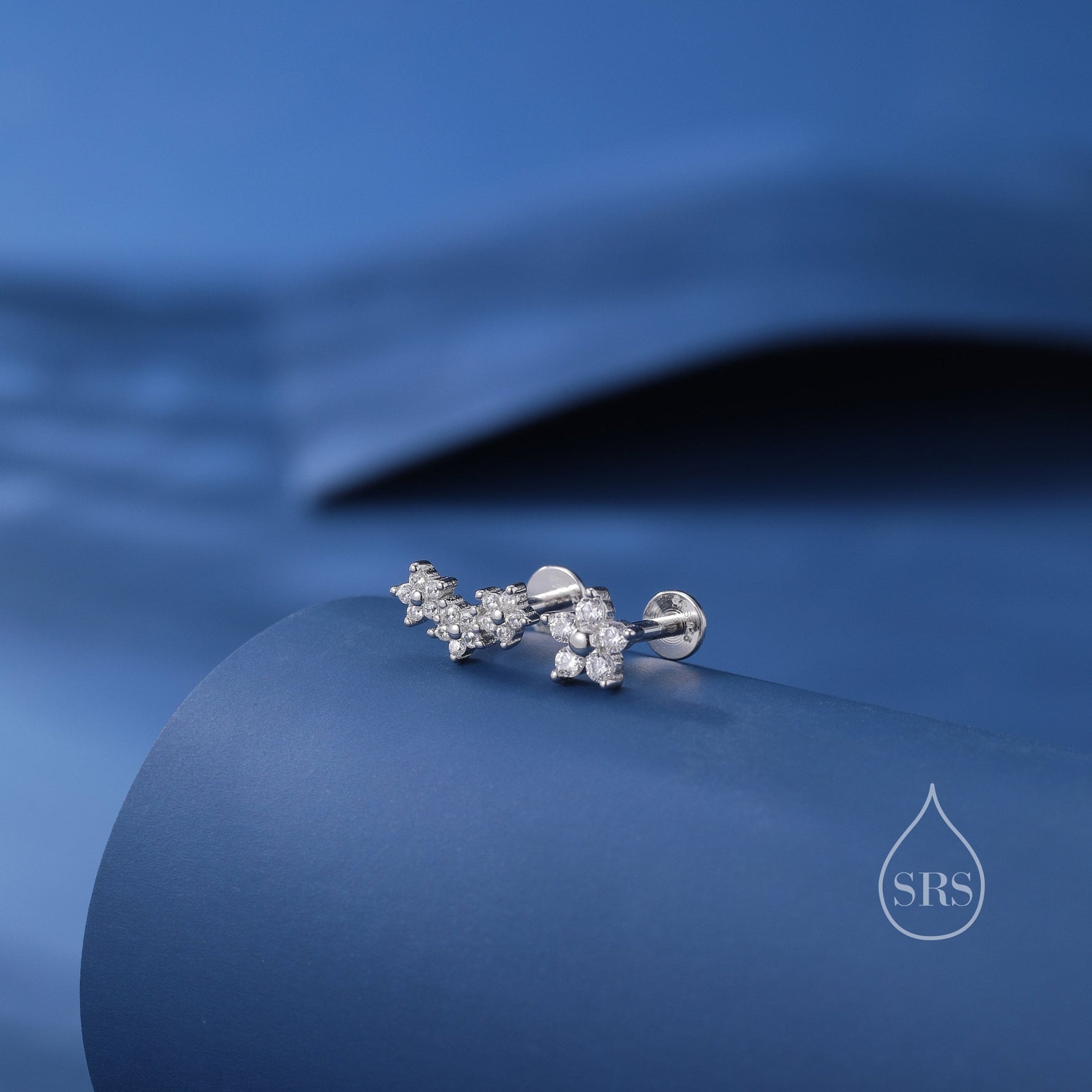 Asymmetric Forget Me Not Flower Bouquet CZ 16G Internally Threaded Flat Back Earrings in Sterling Silver