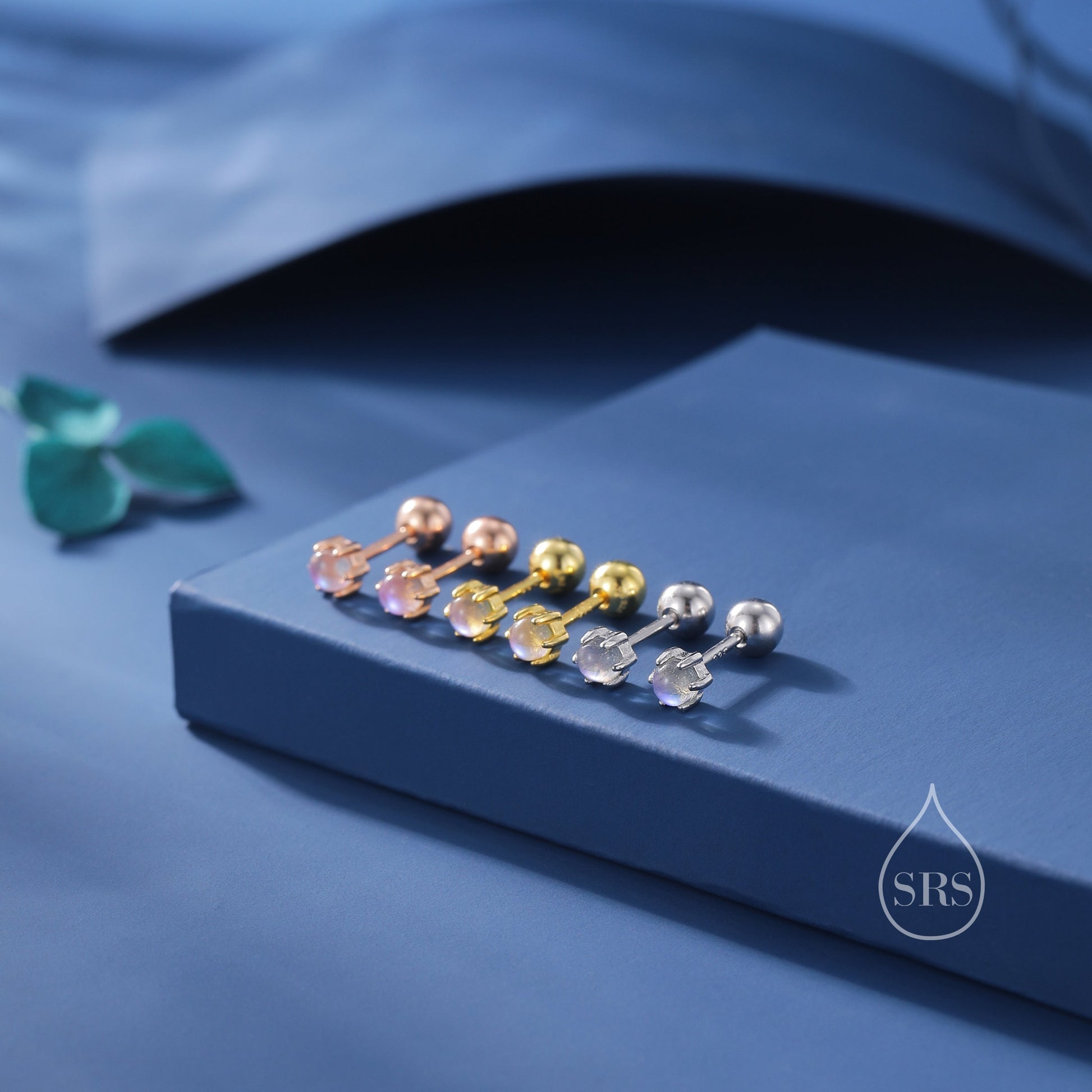 Very Tiny Moonstone Internally Threaded Flat Back/Screw back(Barbell)/ Stud Earrings in Sterling Silver, Lab Moonstone Earrings, Piercing