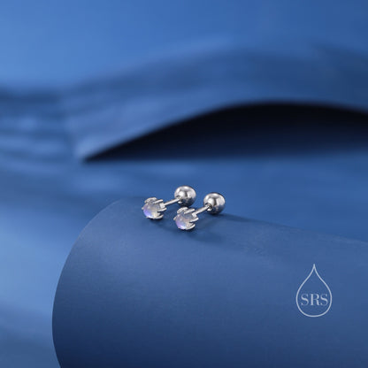 Very Tiny Moonstone Internally Threaded Flat Back/Screw back(Barbell)/ Stud Earrings in Sterling Silver, Lab Moonstone Earrings, Piercing