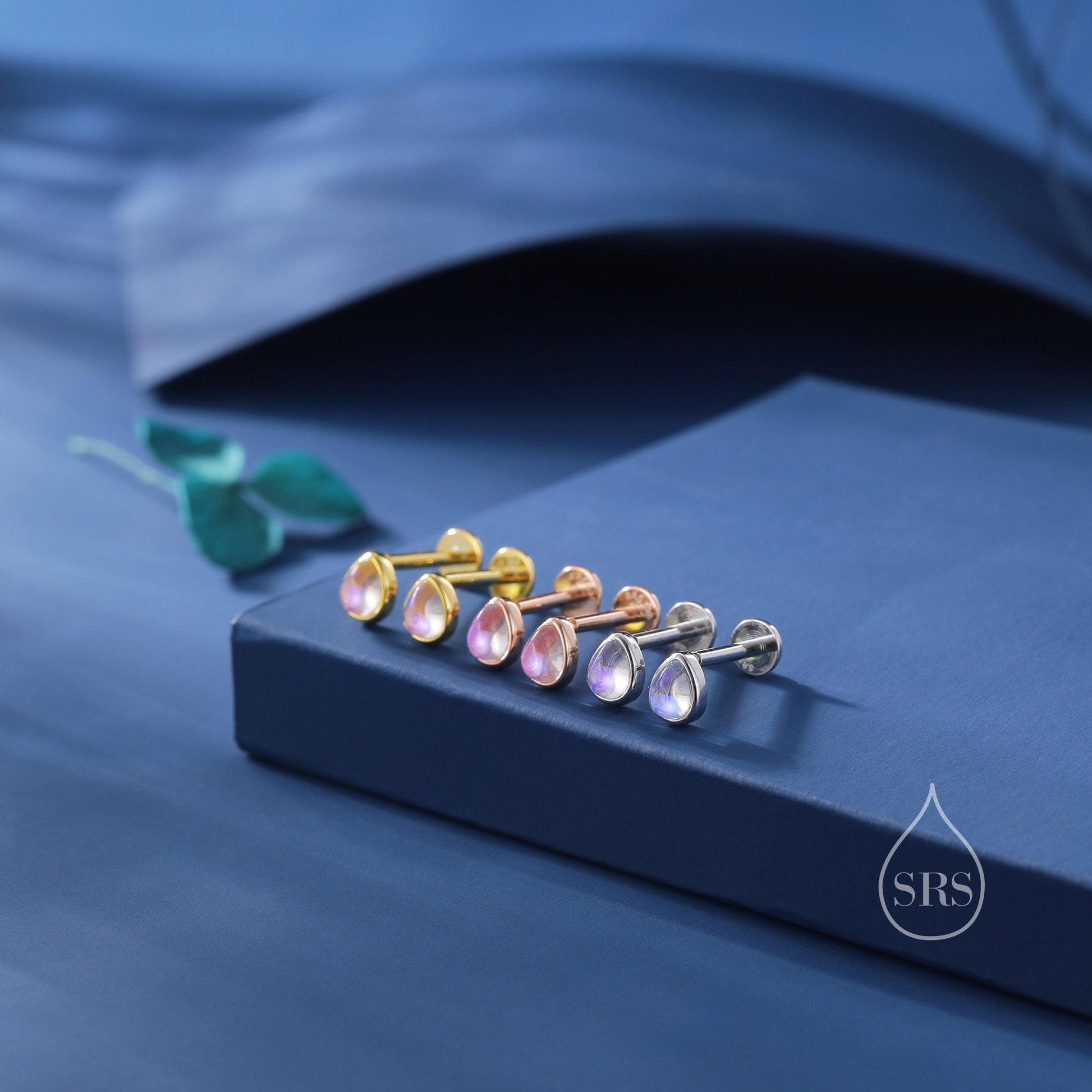 Moonstone Droplet Screw Back / Internally Threaded Flat Back Earrings in Sterling Silver, Silver or Gold or Rose Gold, Lab Moonstone