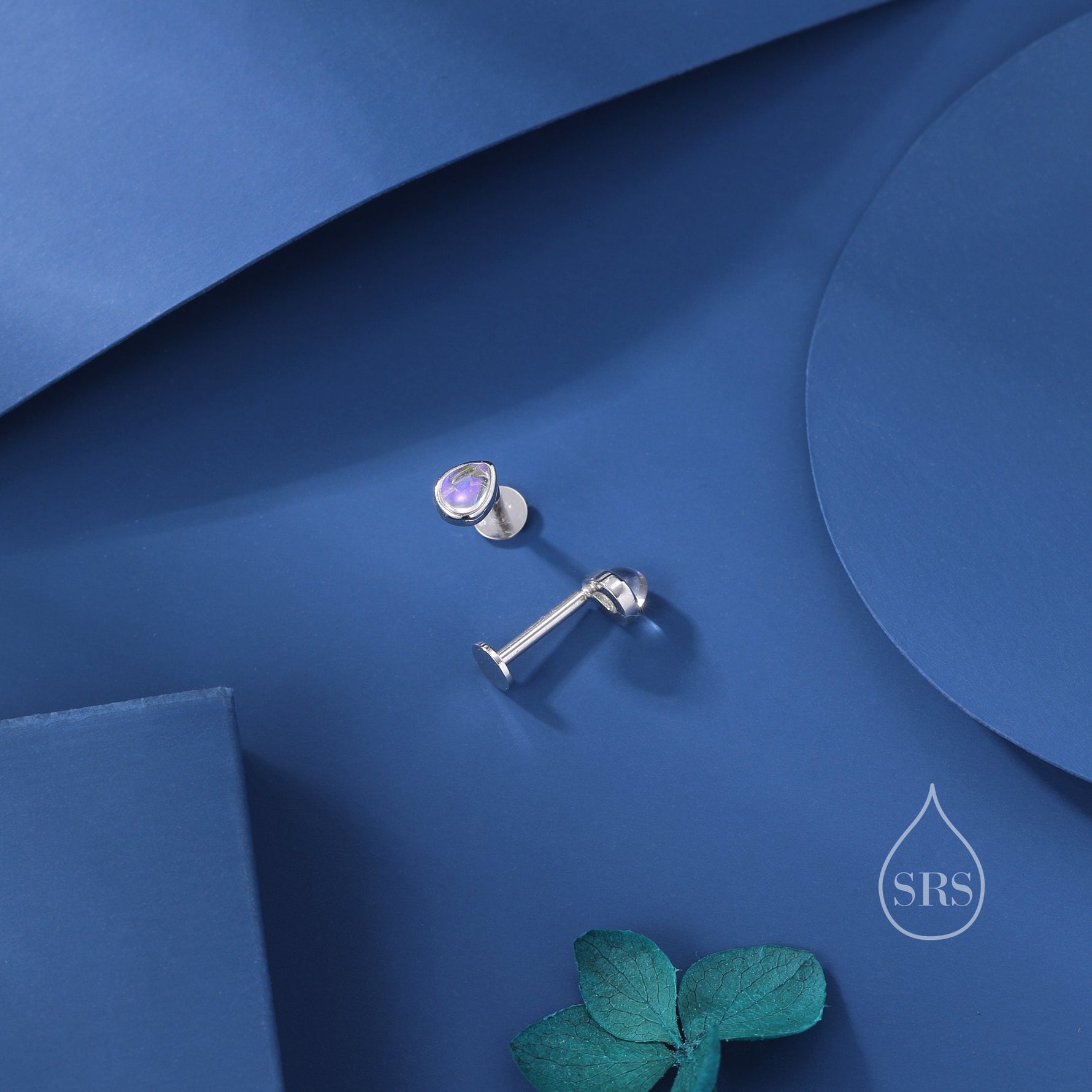 Moonstone Droplet 16G Internally Threaded Flat Back Earrings in Sterling Silver