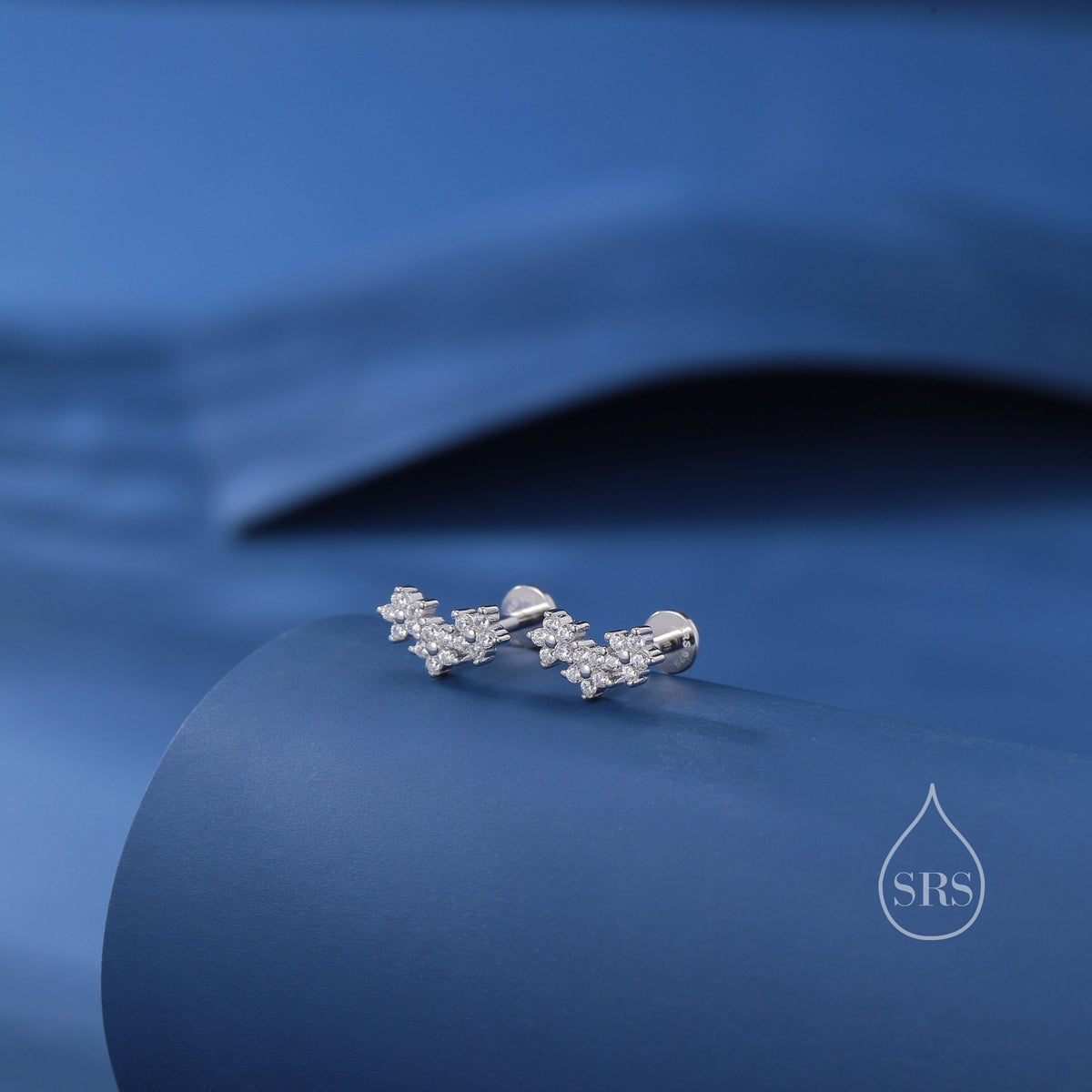 CZ Forget Me Not 16G Internally Threaded Flat Back Earrings in Sterling Silver