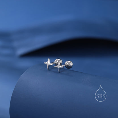 Four Point Star Internally Threaded Flat Back/Screw back/Stud Earrings in Sterling Silver, Tiny Star Earrings