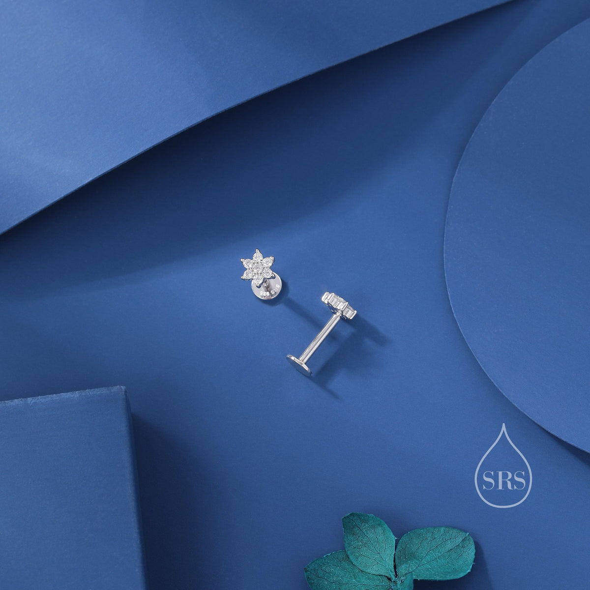 Dainty Flower CZ 16G Internally Threaded Flat Back Earrings in Sterling Silver