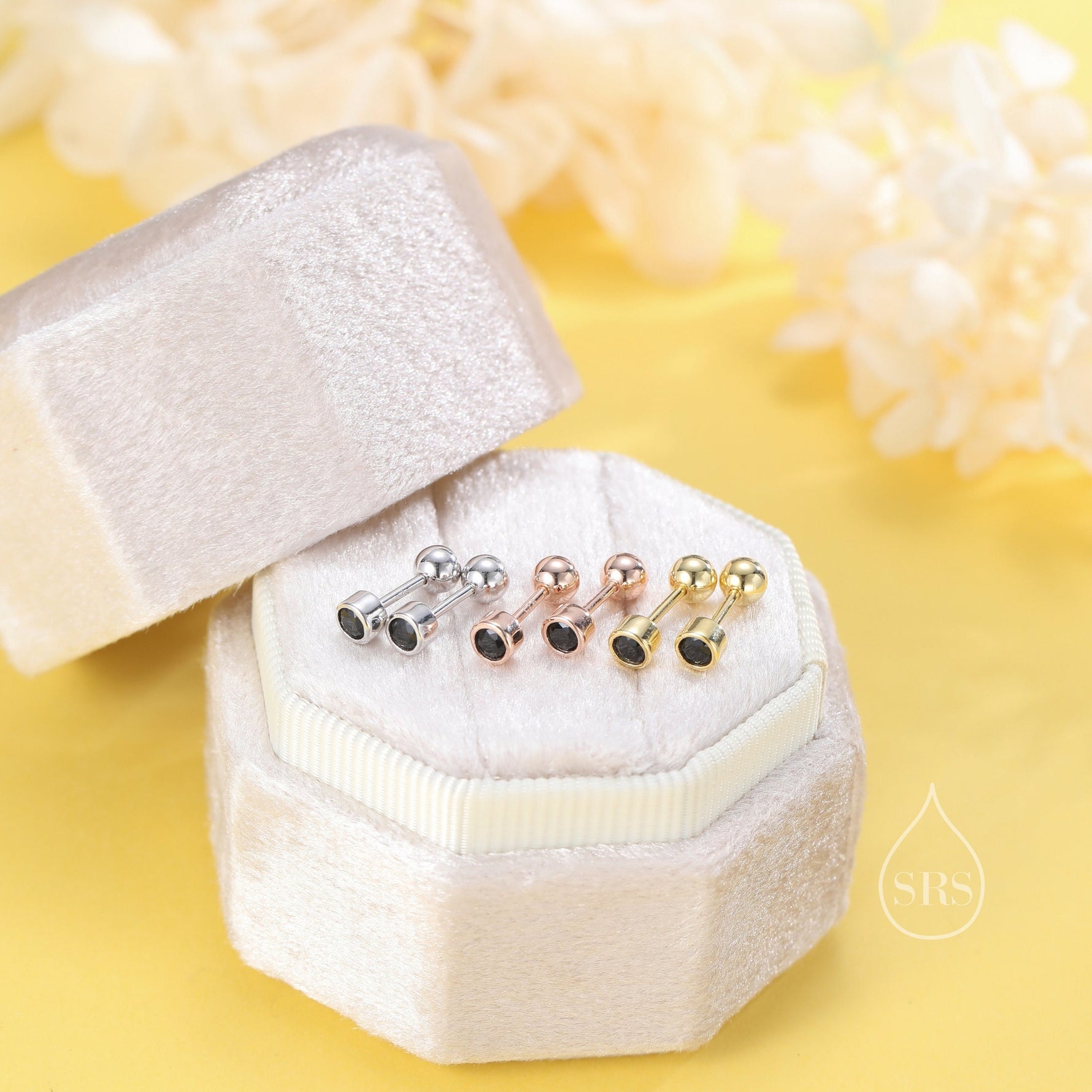 Sterling Silver Bezel Set Black CZ Crystal Screw Back Earrings, 3mm CZ Piercing Jewellery, Brilliant Cut CZ Barbell Earrings