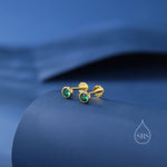Green CZ Bezel Internally Threaded Flat Back Earrings in Sterling Silver, Silver or Gold, CZ Barbell Earrings