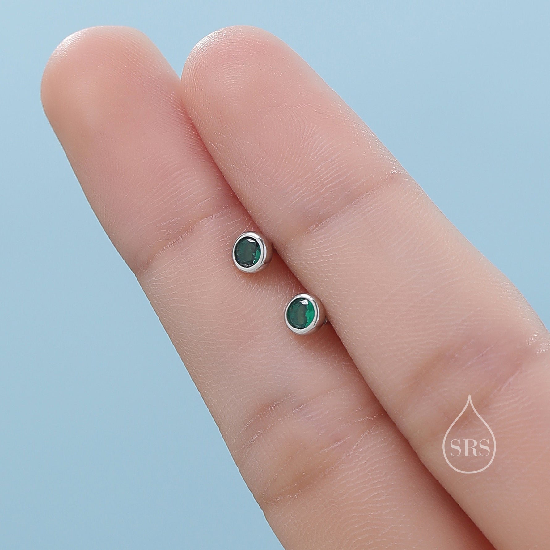 Green CZ Bezel Internally Threaded Flat Back Earrings in Sterling Silver, Silver or Gold, CZ Barbell Earrings
