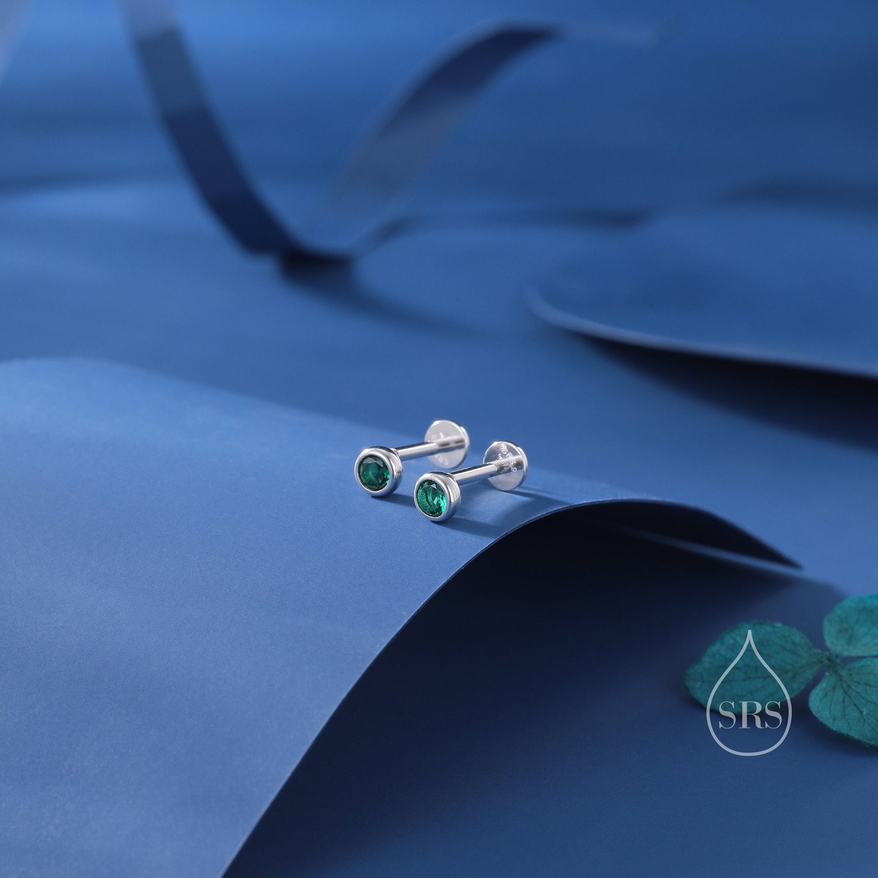 Green CZ Bezel Internally Threaded Flat Back Earrings in Sterling Silver, Silver or Gold, CZ Barbell Earrings