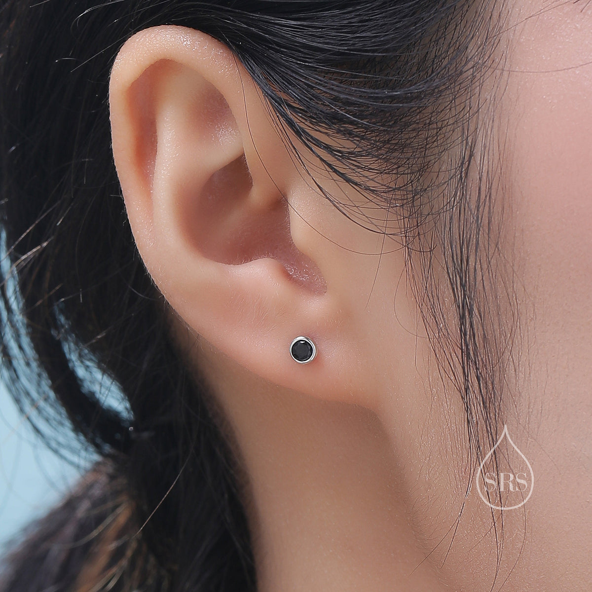 Black CZ Bezel 16G Internally Threaded Flat Back Earrings in Sterling Silver