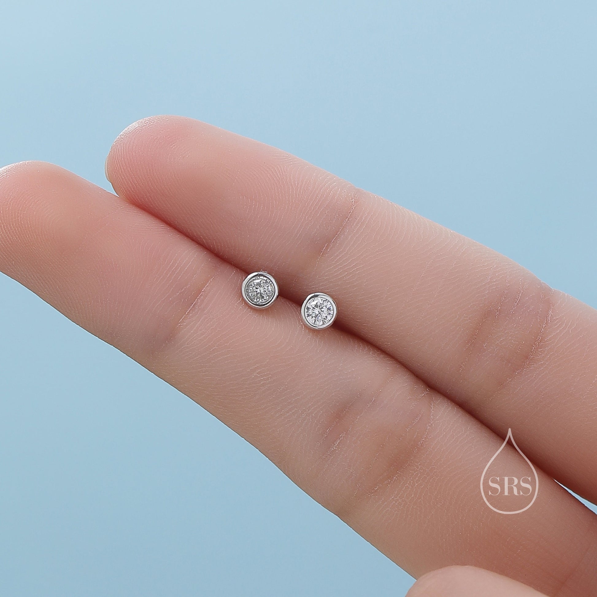 Clear CZ Bezel Internally Threaded Flat Back Earrings in Sterling Silver, Silver, Gold or Rose Gold