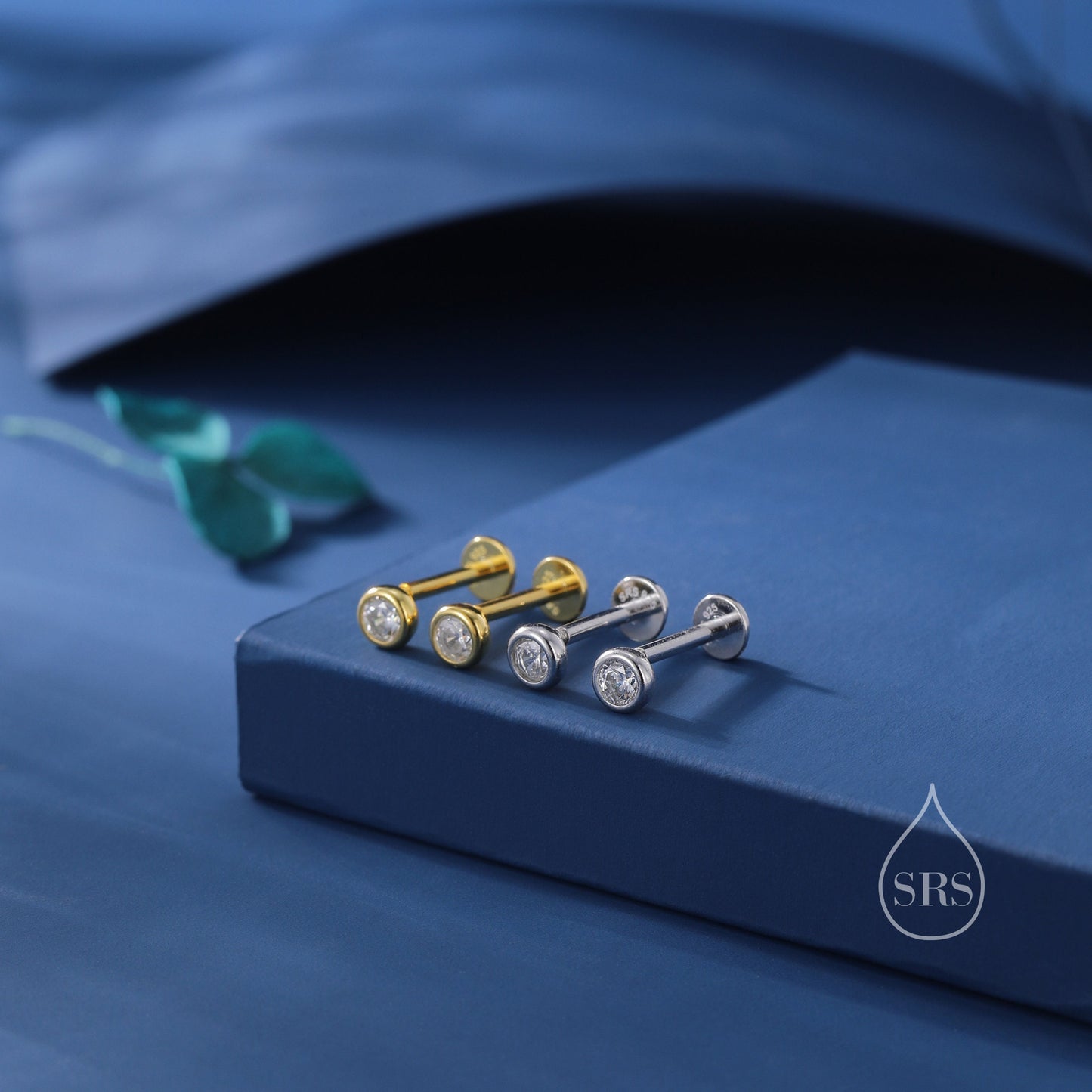 Clear CZ Bezel Internally Threaded Flat Back Earrings in Sterling Silver, Silver, Gold or Rose Gold