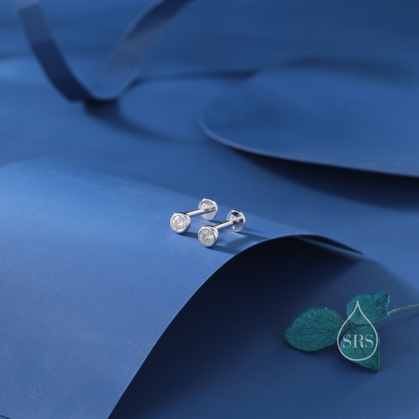 Clear CZ Bezel Internally Threaded Flat Back Earrings in Sterling Silver, Silver, Gold or Rose Gold