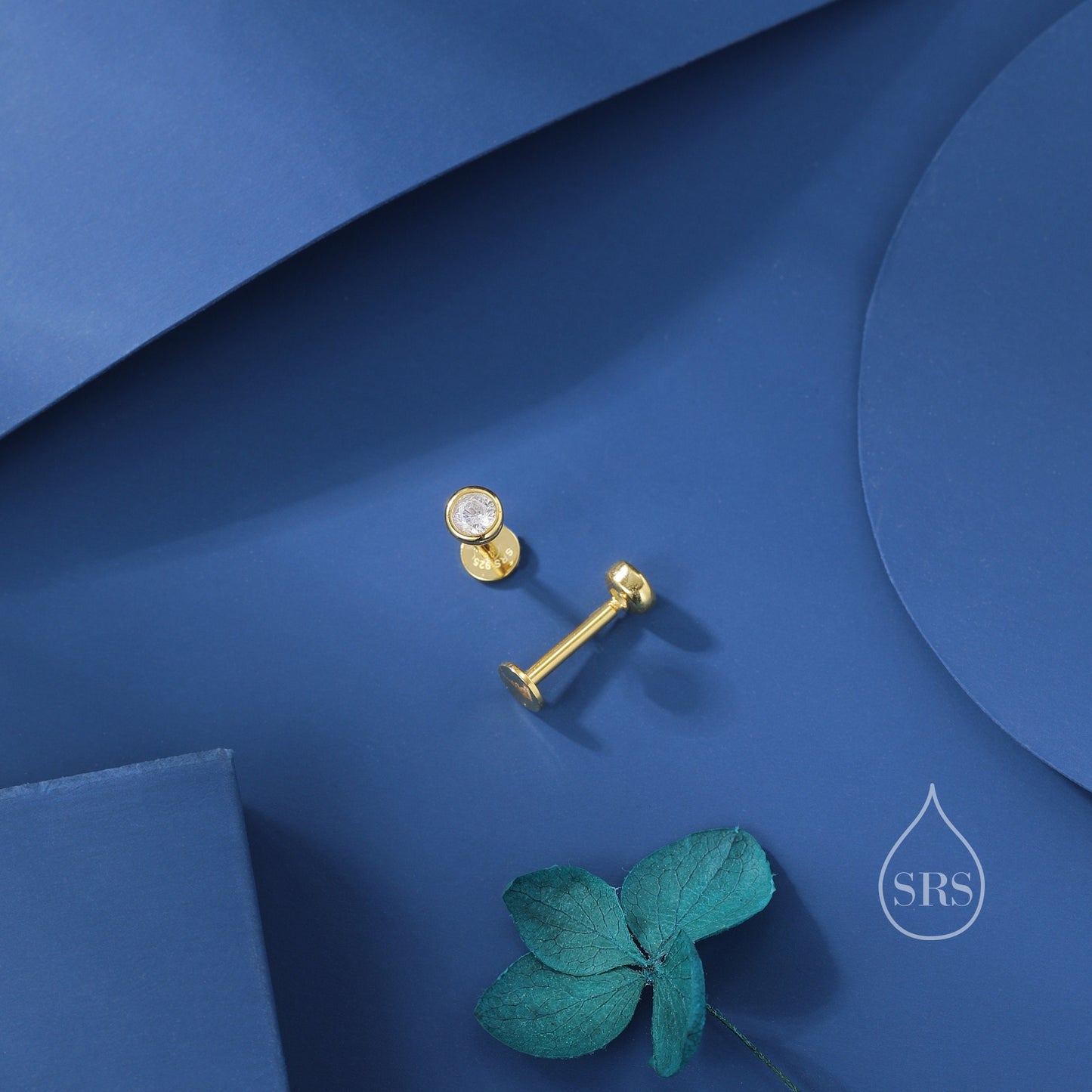 Clear CZ Bezel Internally Threaded Flat Back Earrings in Sterling Silver, Silver, Gold or Rose Gold