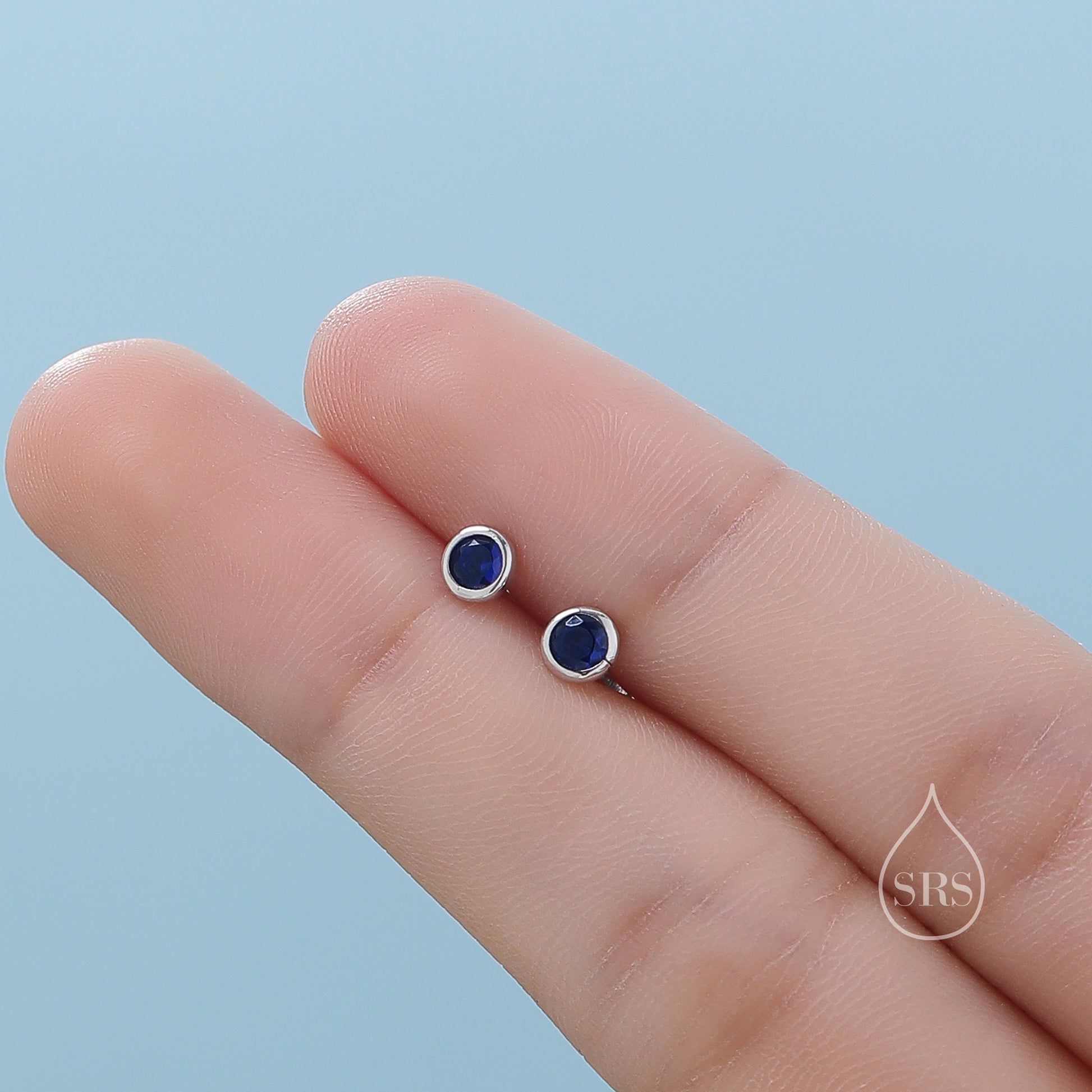 Sapphire Blue CZ Bezel Internally Threaded Flat Back Earrings in Sterling Silver, Silver or Gold