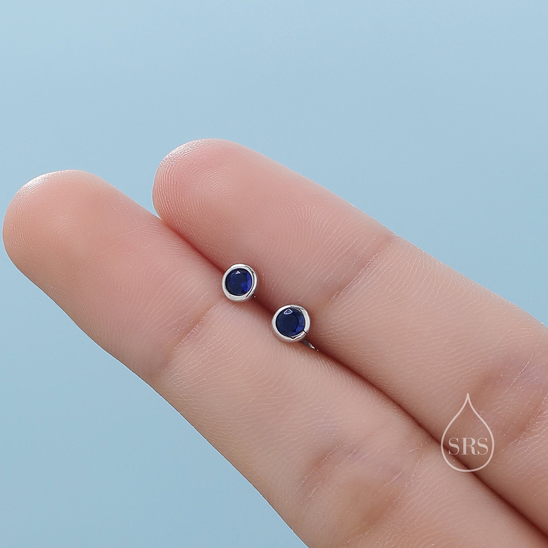 Sapphire Blue CZ Bezel 16G Internally Threaded Flat Back Earrings in Sterling Silver