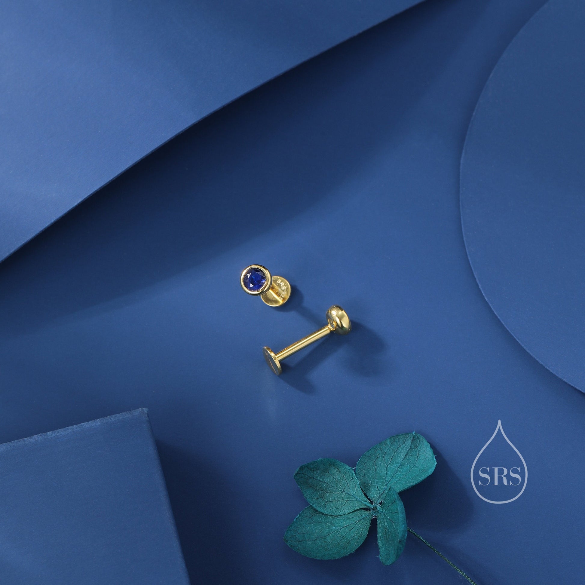 Sapphire Blue CZ Bezel Internally Threaded Flat Back Earrings in Sterling Silver, Silver or Gold