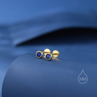 Sapphire Blue CZ Bezel Internally Threaded Flat Back Earrings in Sterling Silver, Silver or Gold