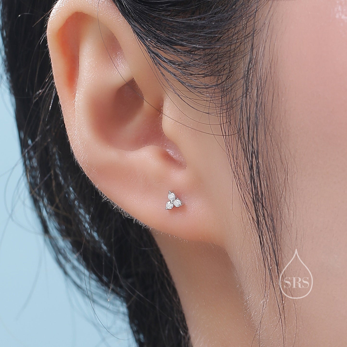 Very Tiny Three Dot Trio Screw Back Earrings in Sterling Silver with Sparkly CZ Crystals, Simple and Minimalist, Geometric and Discreet