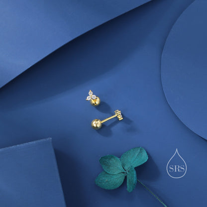 Very Tiny Three Dot Trio Screw Back Earrings in Sterling Silver with Sparkly CZ Crystals, Simple and Minimalist, Geometric and Discreet